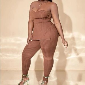 SHEIN SXY Plus Split Hem Rib Knit Tube Top & Leggings Set